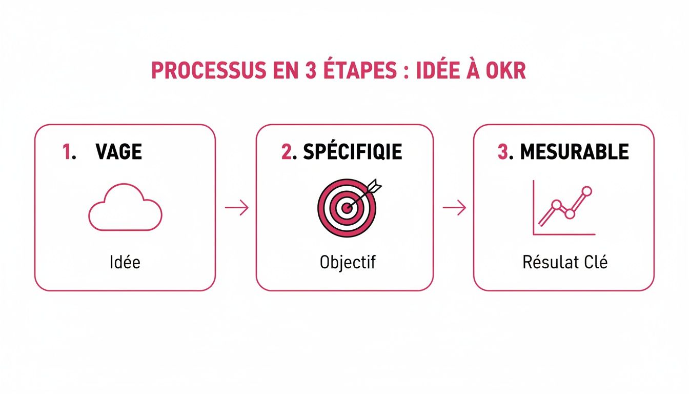 Infographie illustrant le processus en 3 étapes : d'une idée vague à un objectif spécifique et un résultat clé mesurable (OKR).