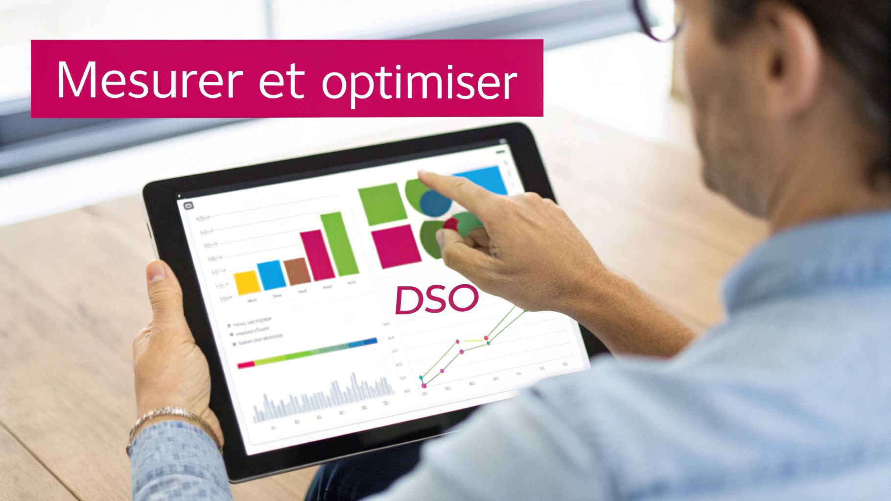 Professionnel analysant des tableaux de bord et graphiques DSO sur tablette pour optimiser les paiements clients