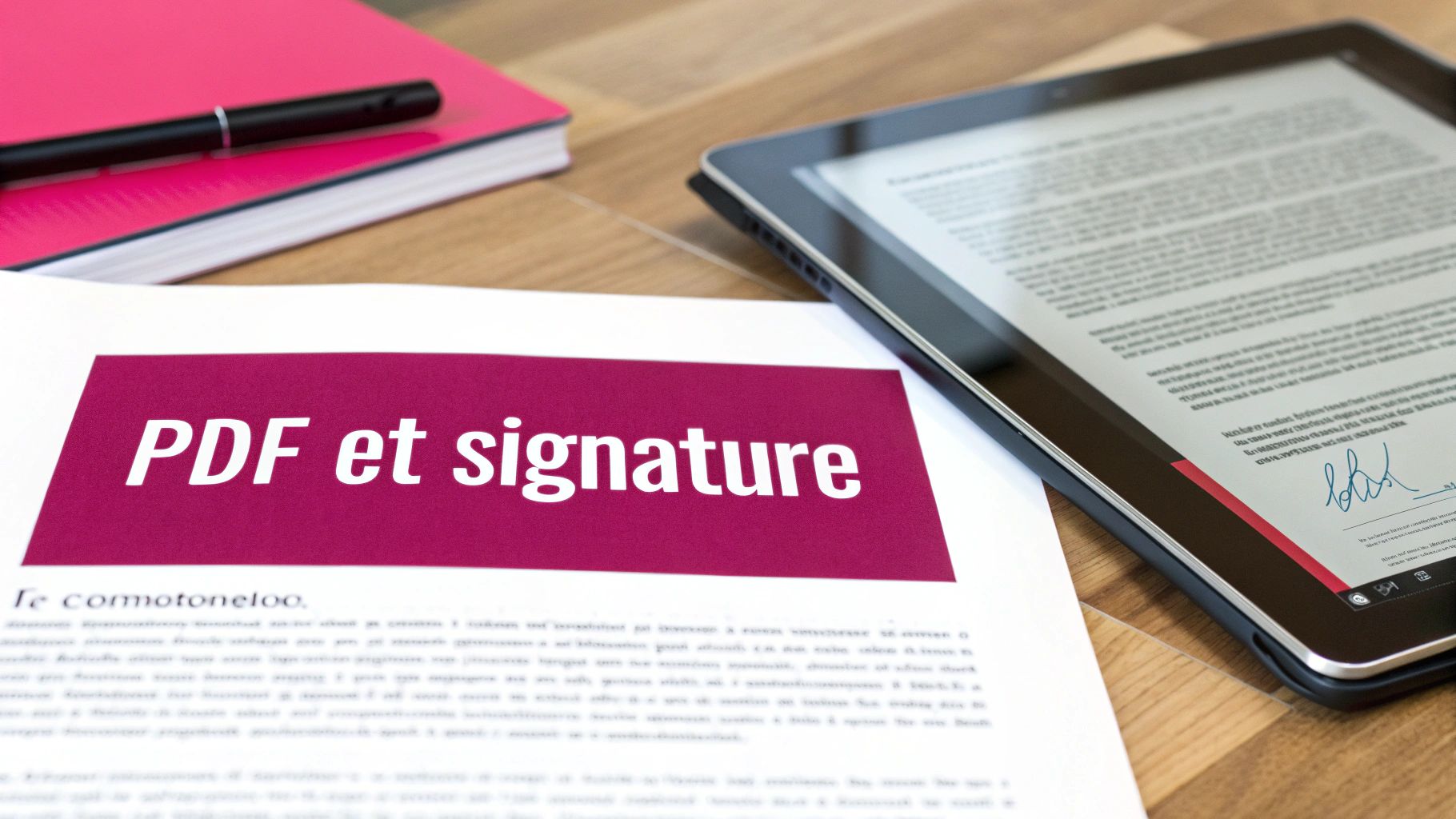 Document papier affichant "PDF et signature" et une tablette numérique avec un document signé.