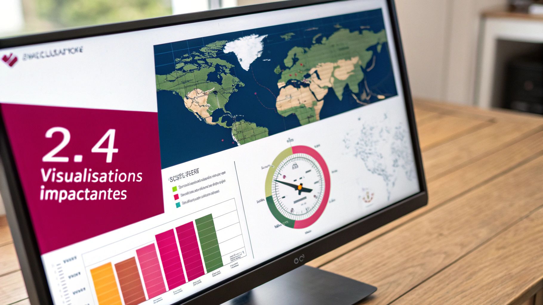 Écran d'ordinateur affichant un tableau de bord avec une carte du monde, des graphiques et des indicateurs de données visuelles.