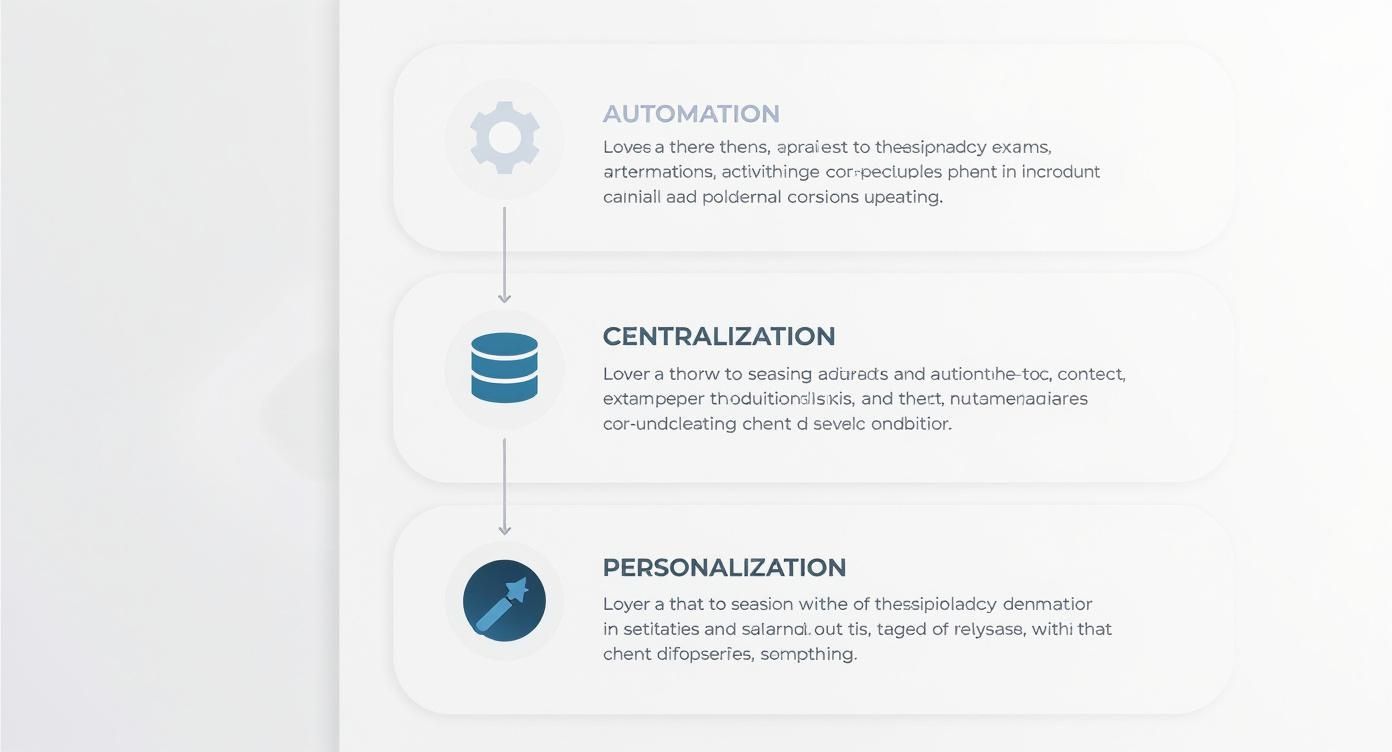 Schéma de processus vertical montrant l'automatisation, la centralisation et la personnalisation avec des icônes et du texte.