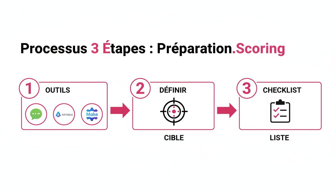 Processus de scoring en 3 étapes avec outils (Intercom, Airtable, Make), définition de cible et checklist.