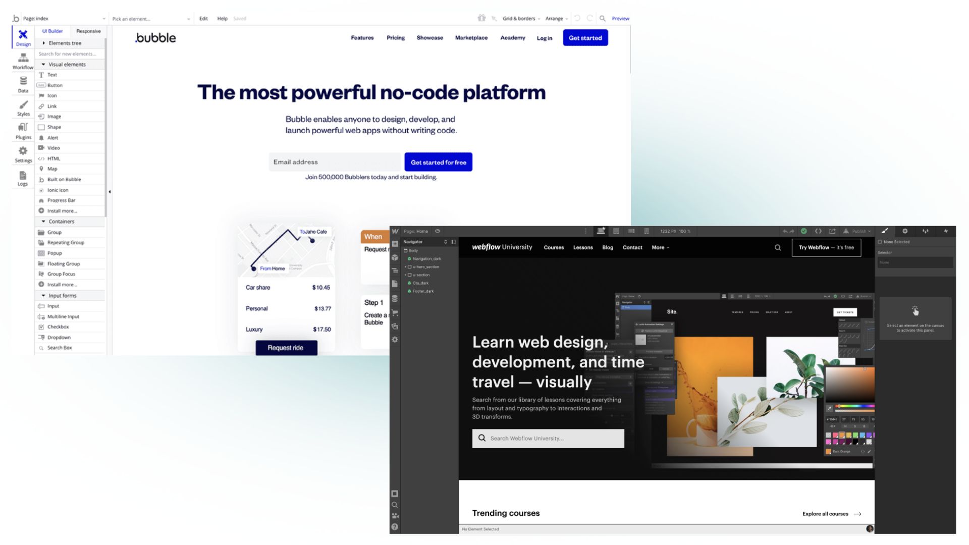Bubble and Webflow development interface
