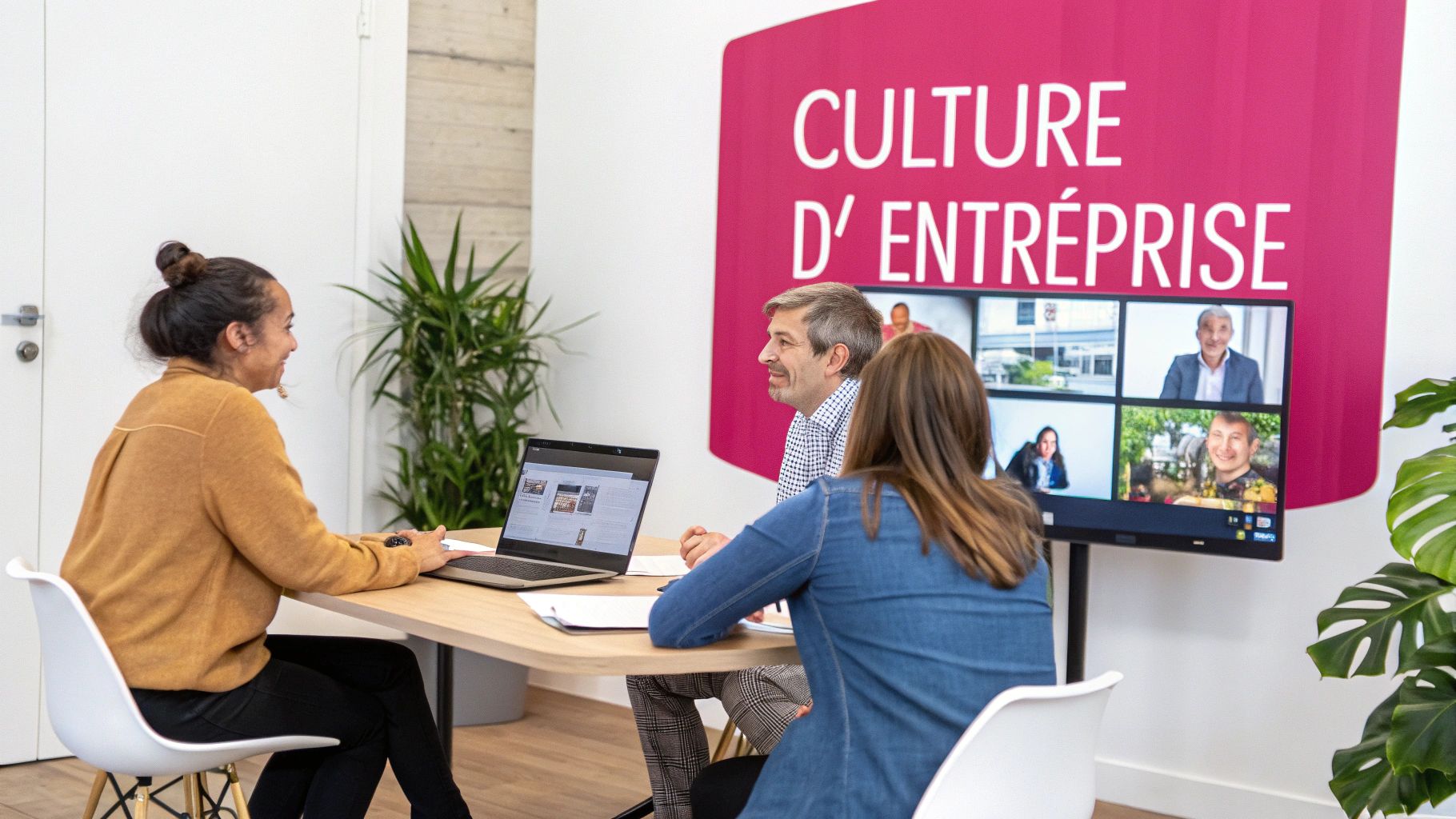 Trois personnes en réunion collaborent devant un écran affichant "Culture d'entreprise" et une vidéoconférence.