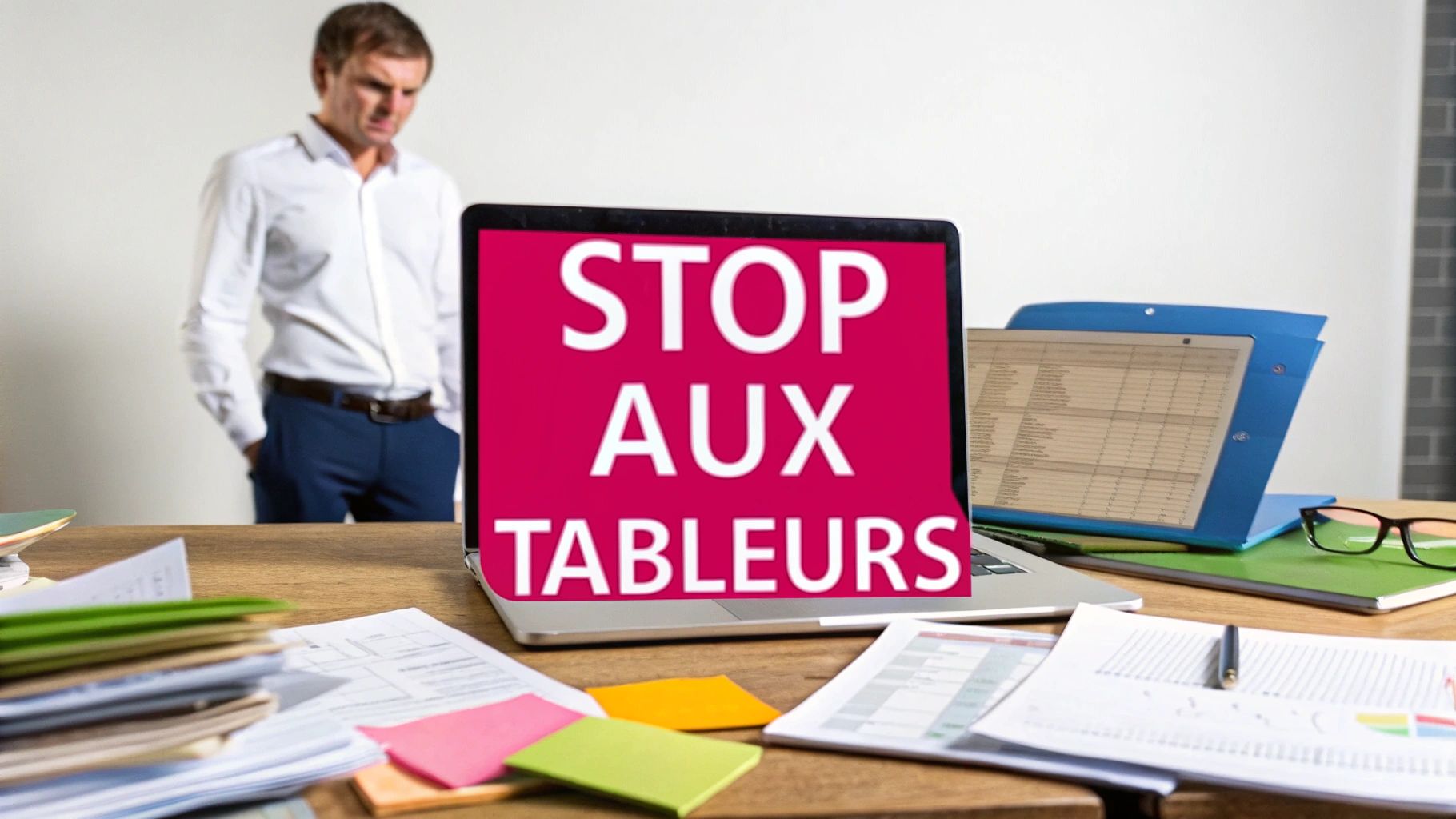 Image d'un homme frustré et d'un bureau encombré, avec un message "STOP AUX TABLEURS" sur un écran d'ordinateur.