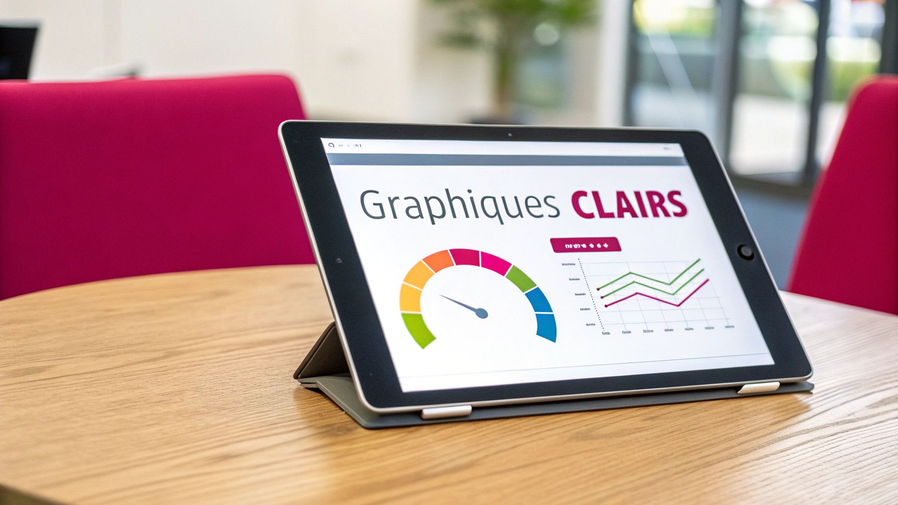 Une tablette affichant des graphiques colorés et le texte « Graphiques CLAIRS » posée sur une table en bois.