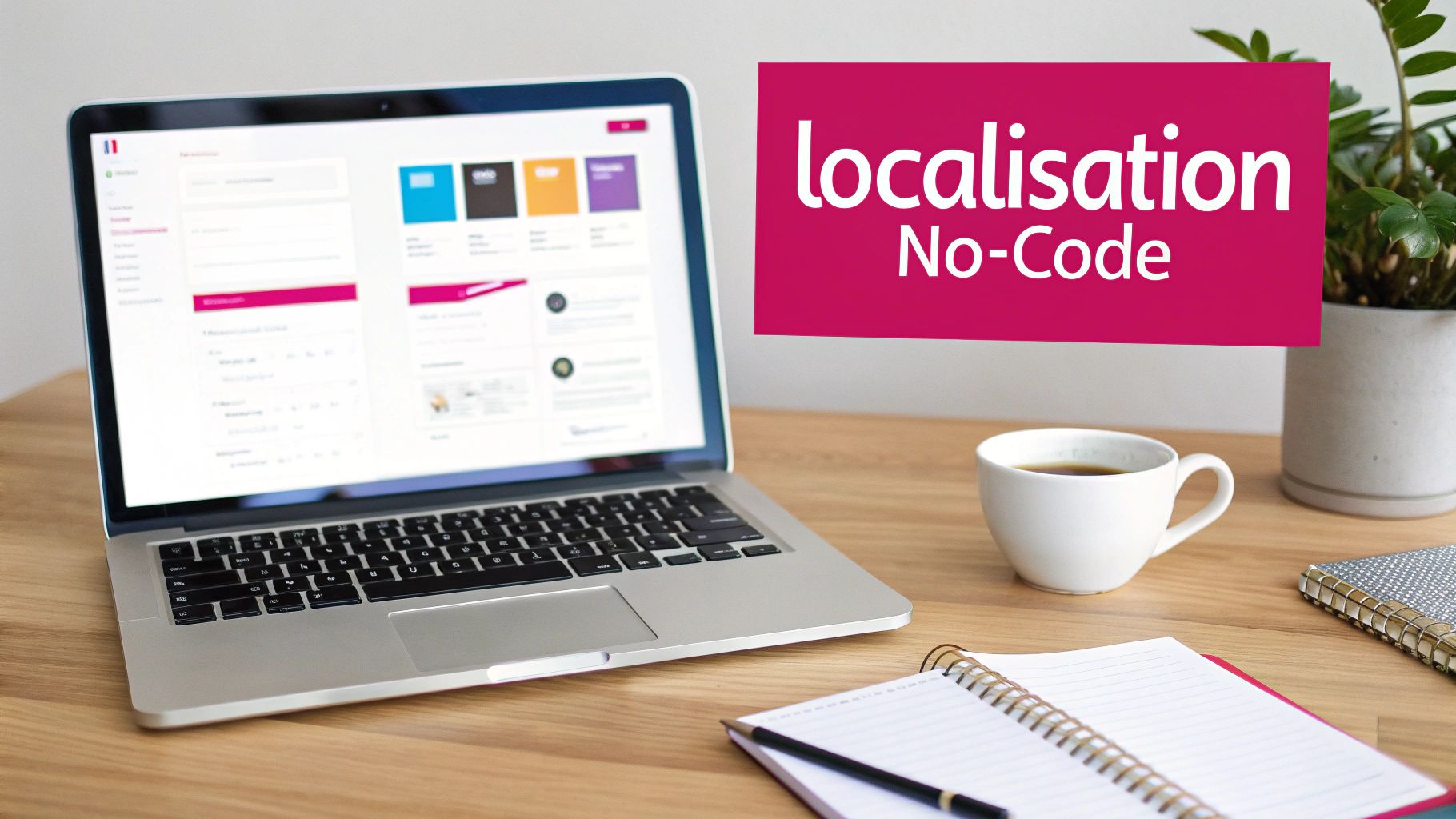Un ordinateur portable sur un bureau en bois avec un bandeau rose 'localisation No-Code'. Tasse de café et carnet.