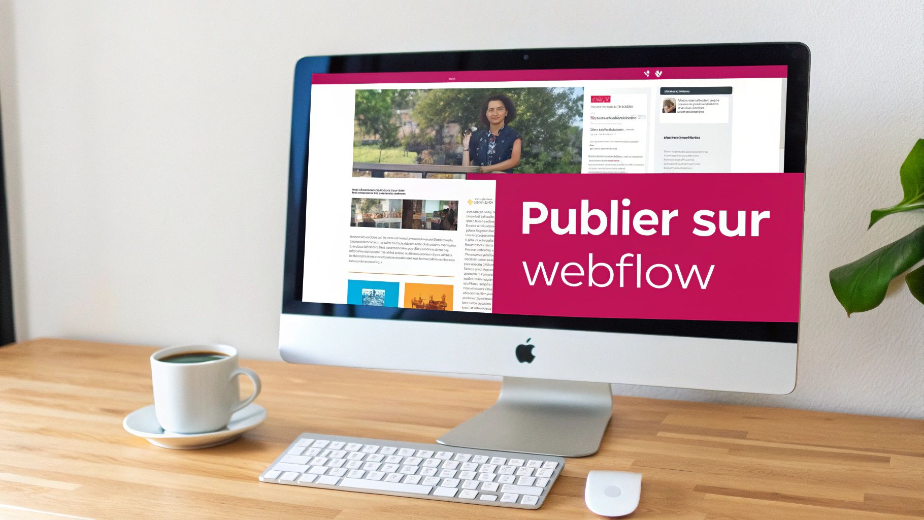 Ordinateur iMac sur un bureau en bois, affichant une page web avec le titre 'Publier sur Webflow'.