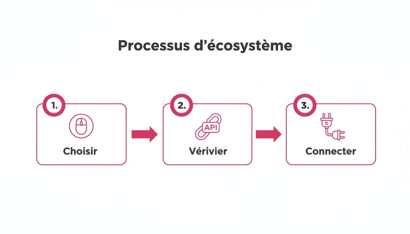 Diagramme illustrant le processus d'écosystème en 3 étapes : choisir, vérifier l'API, connecter.