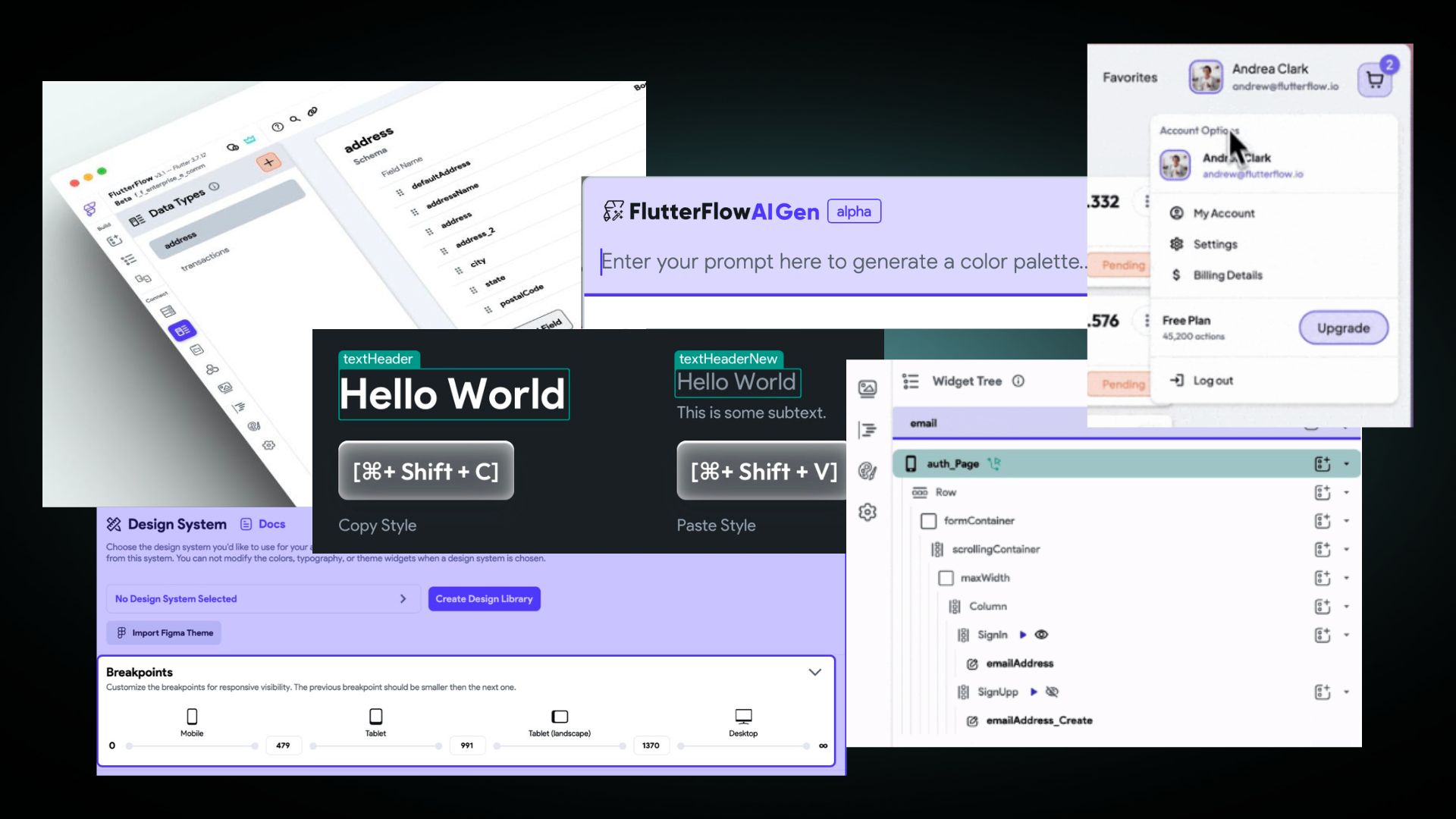 View of the different flutterflow features