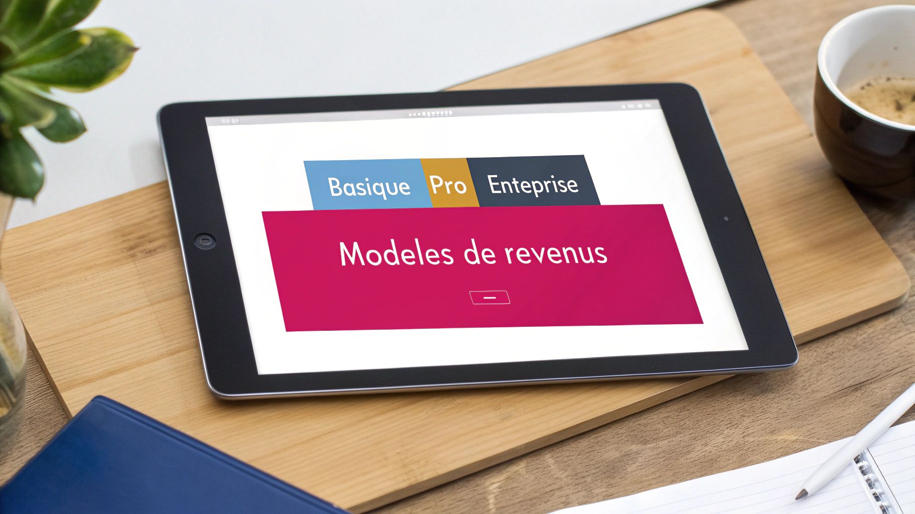 Une tablette affiche les 'Modèles de revenus' avec des options 'Basique', 'Pro' et 'Enterprise' sur un bureau en bois.