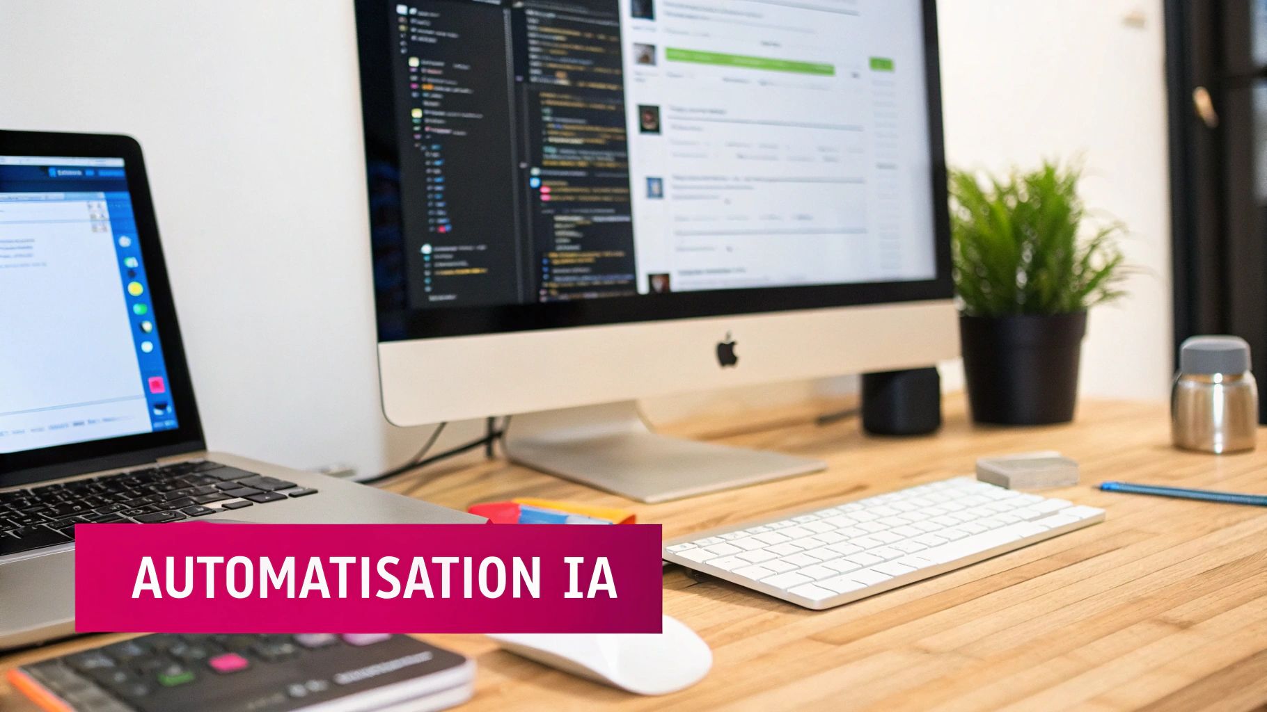 Bureau de travail moderne avec un ordinateur portable, un iMac affichant du code et une plante, symbolisant l'automatisation IA.