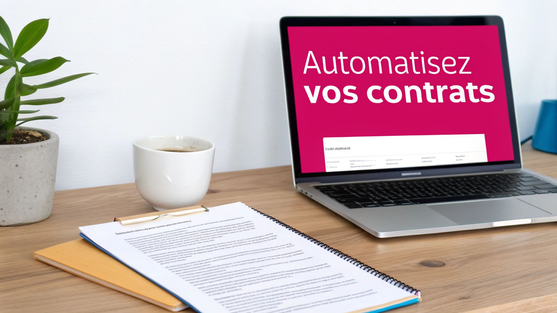 Un ordinateur portable affiche "Automatisez vos contrats" sur un bureau en bois avec des documents, une plante et une tasse de café.