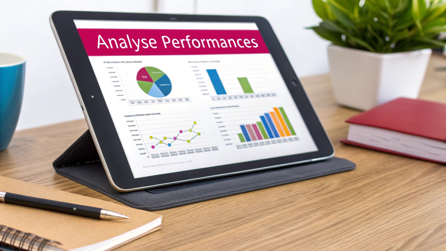 Personne utilisant une tablette pour gérer les paiements et le suivi d'équipements, avec des icônes de paiement et de checklist.