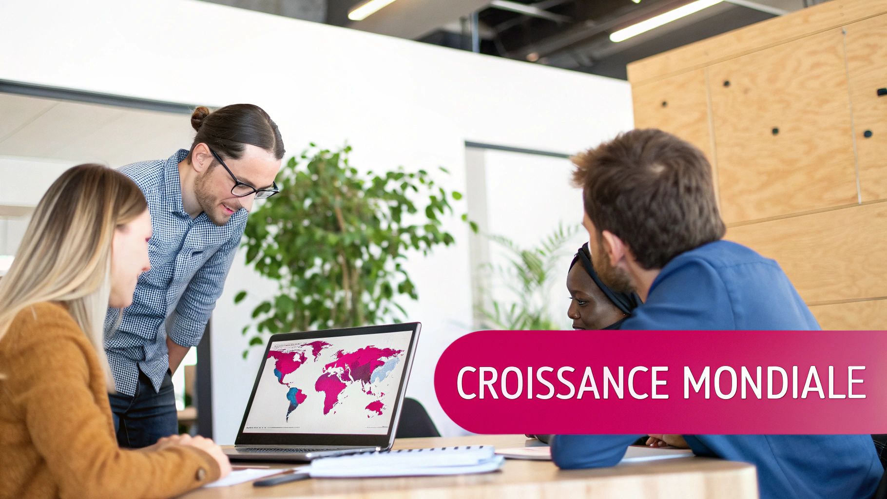 Trois professionnels collaborent autour d'un ordinateur portable affichant une carte du monde avec des données, symbolisant la croissance mondiale.
