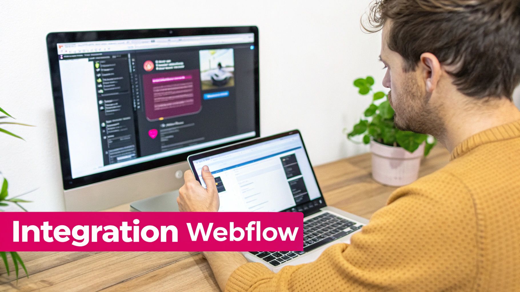 Une personne travaille devant un ordinateur portable et un écran de bureau, intégrant des fonctionnalités Webflow.