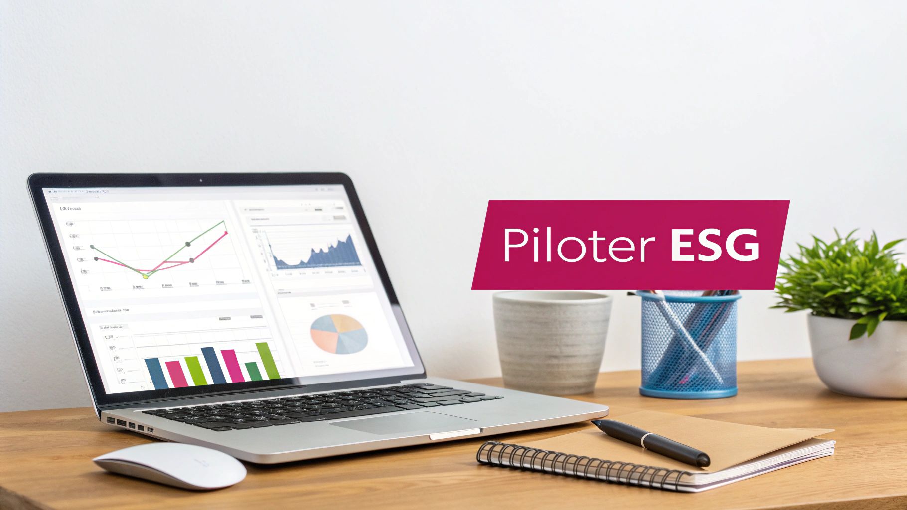 Ordinateur portable affichant des tableaux de bord ESG sur un bureau en bois, avec texte 'Piloter ESG'.