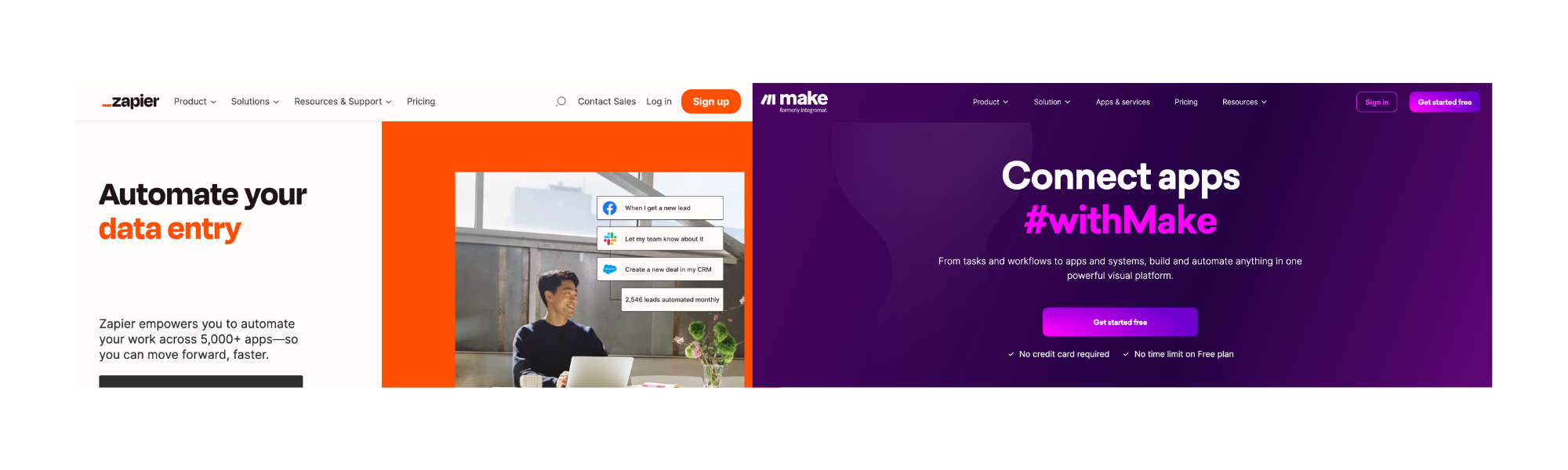 No code tool : Zapier and Make website home