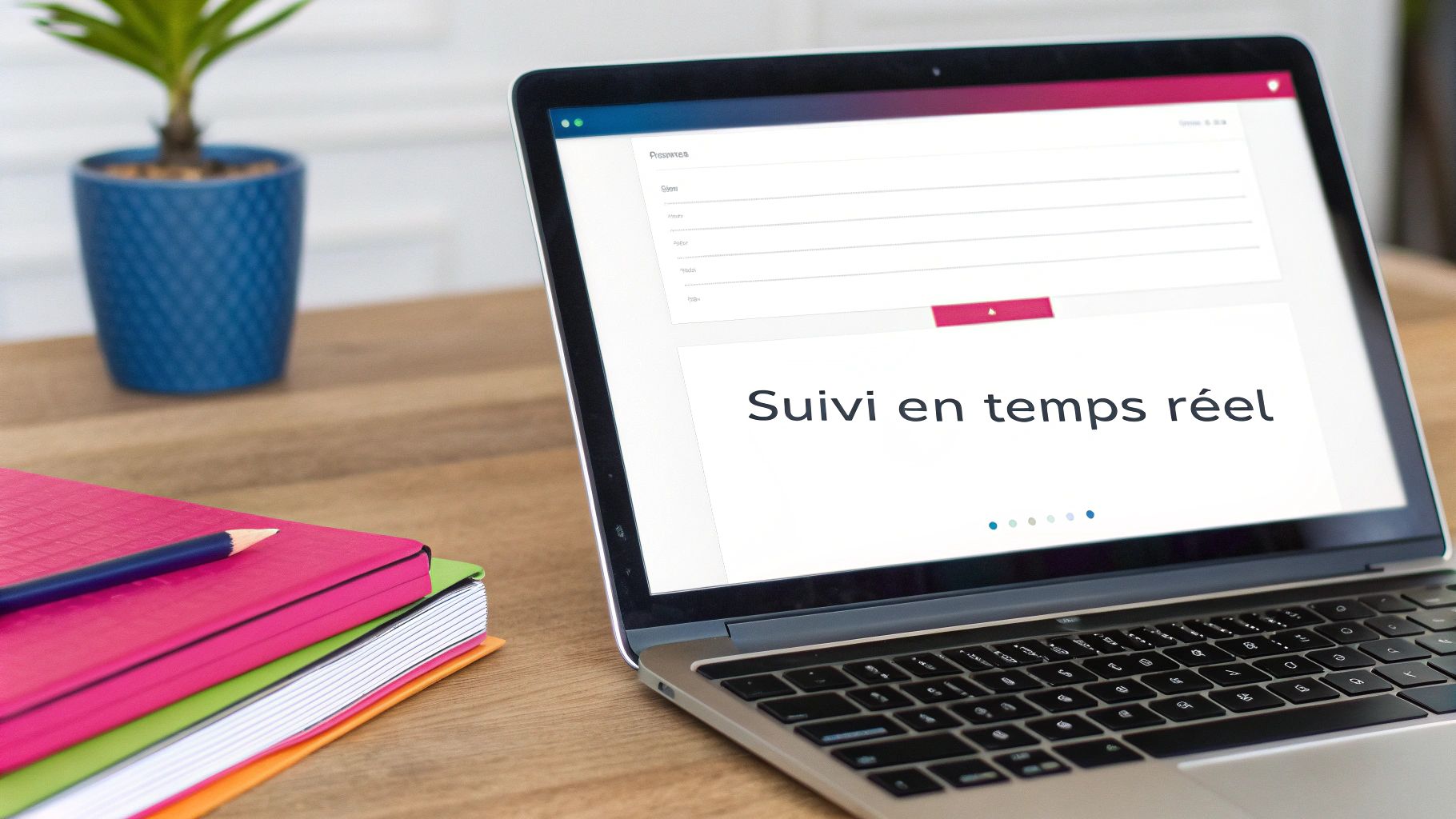 Ordinateur portable affichant une interface d'application avec « Suivi en temps réel » et des champs de formulaire sur un bureau.