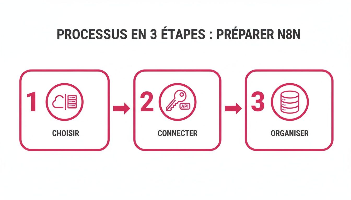 Infographie illustrant le processus en 3 étapes pour préparer n8n : choisir, connecter et organiser les données.