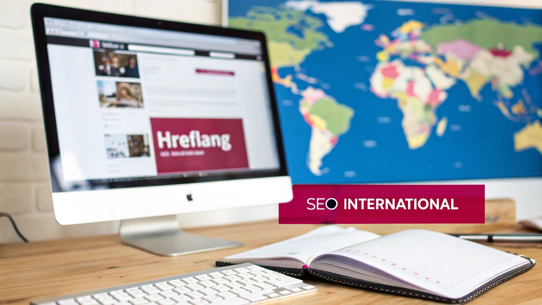Ordinateur de bureau affichant 'Hreflang' sur un site web, avec carte du monde et bannière 'SEO INTERNATIONAL'.