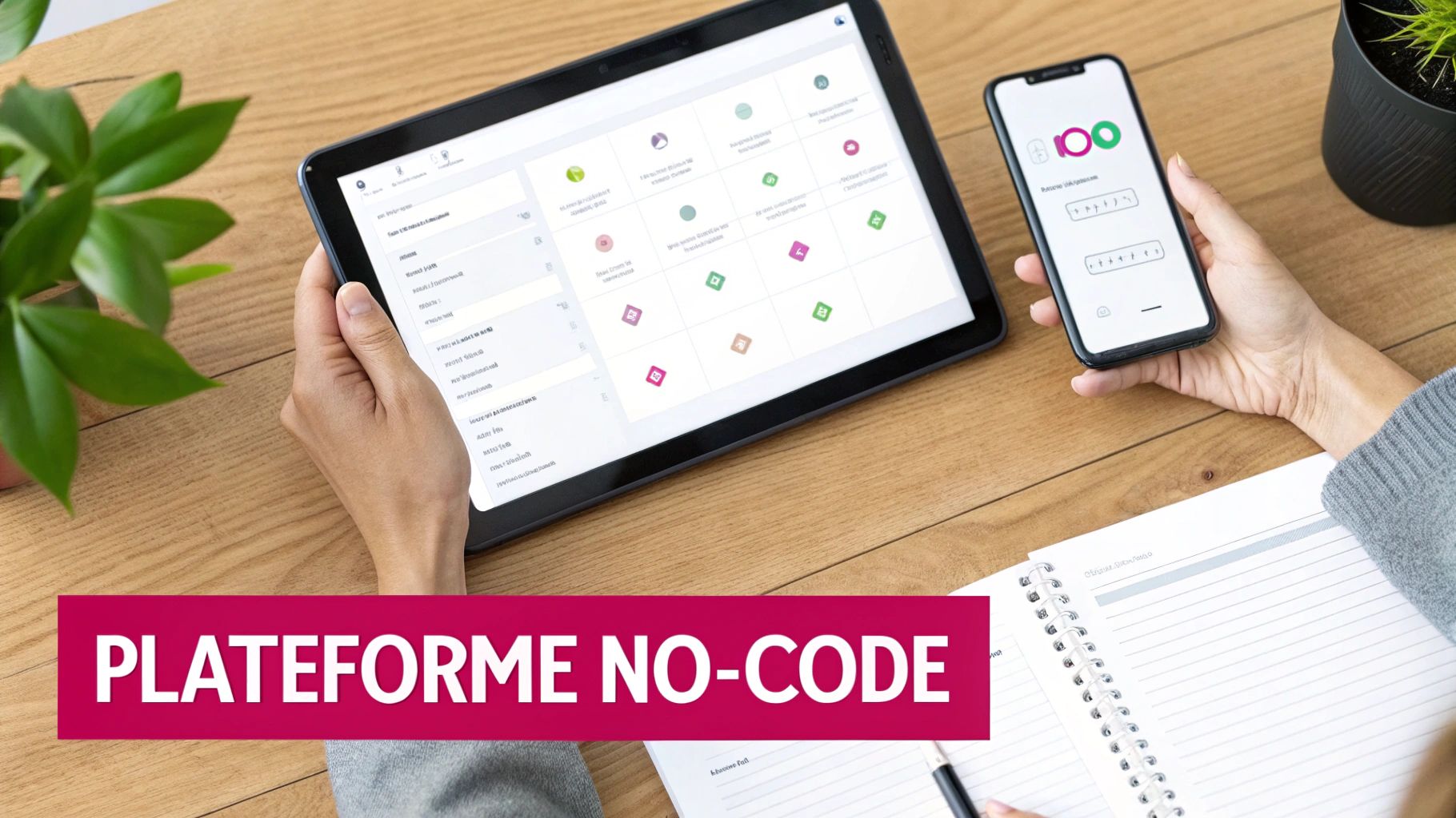 Une personne utilise une tablette et un smartphone, affichant des applications, sur un bureau en bois pour une plateforme no-code.
