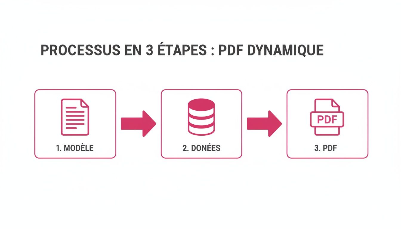 Une illustration du processus en 3 étapes pour créer un PDF dynamique : modèle, données et PDF final.