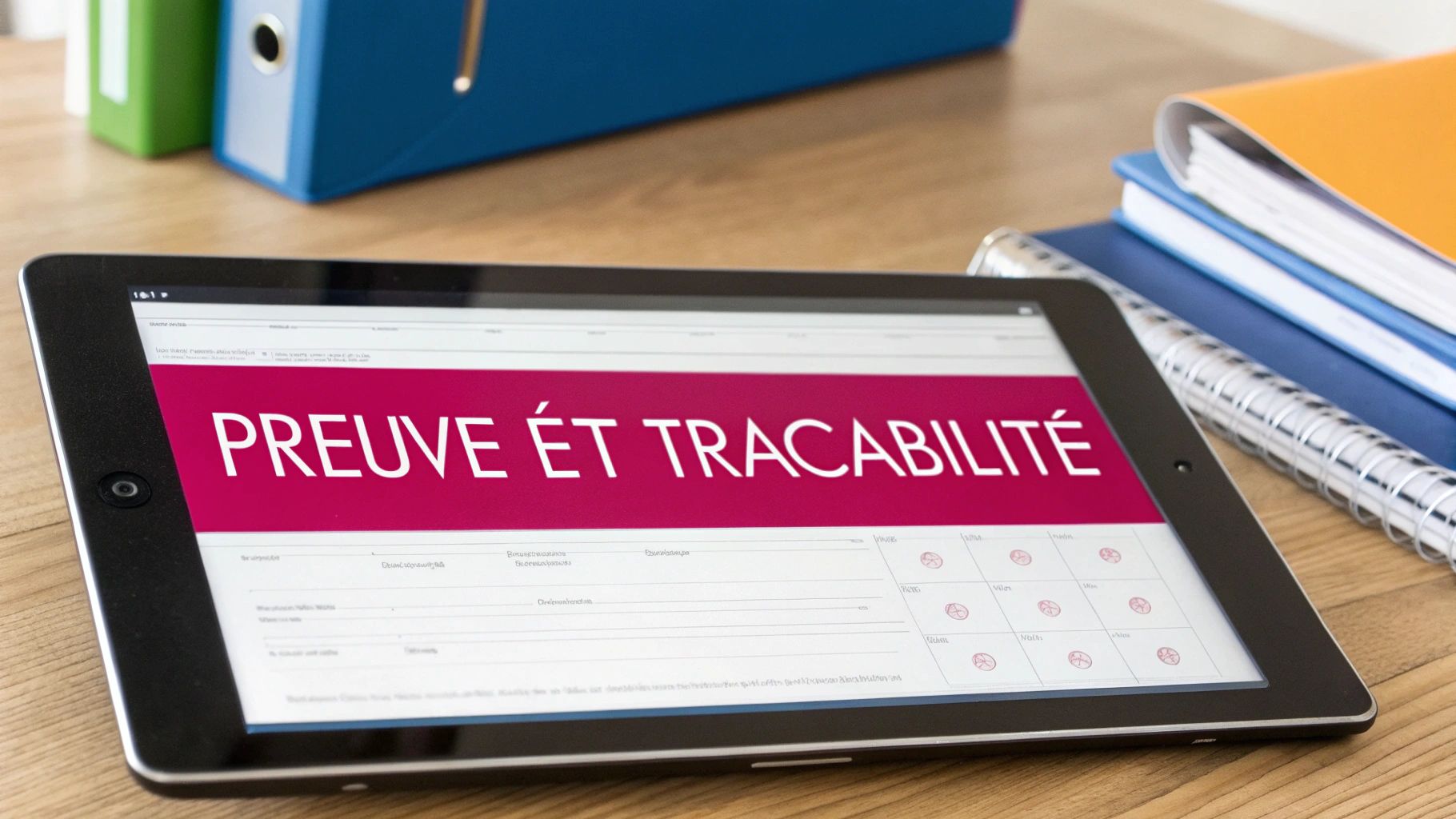 Tablette affichant une interface de preuve et traçabilité pour lettres recommandées électroniques sur un bureau