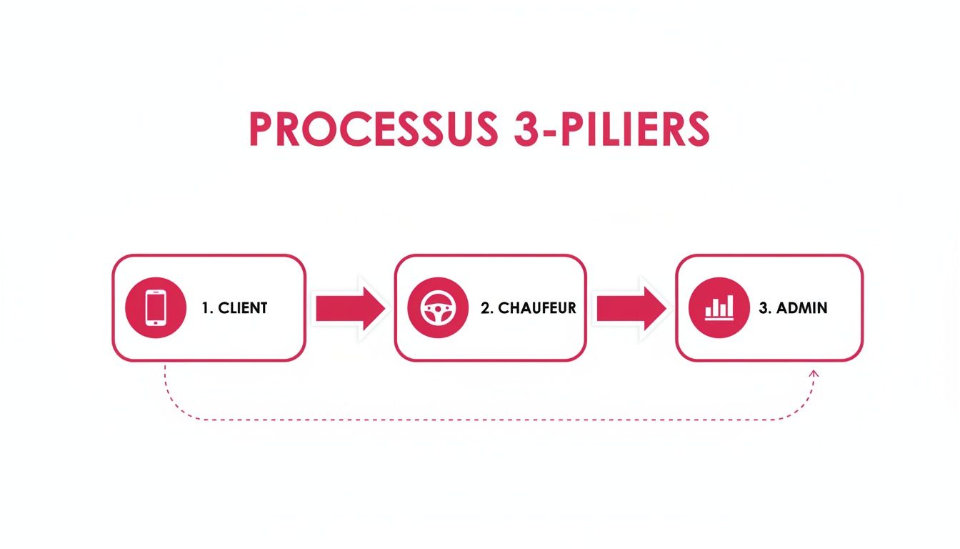 Diagramme de processus illustrant les trois piliers: client (téléphone), chauffeur (volant) et admin (graphique) connectés par des flèches.