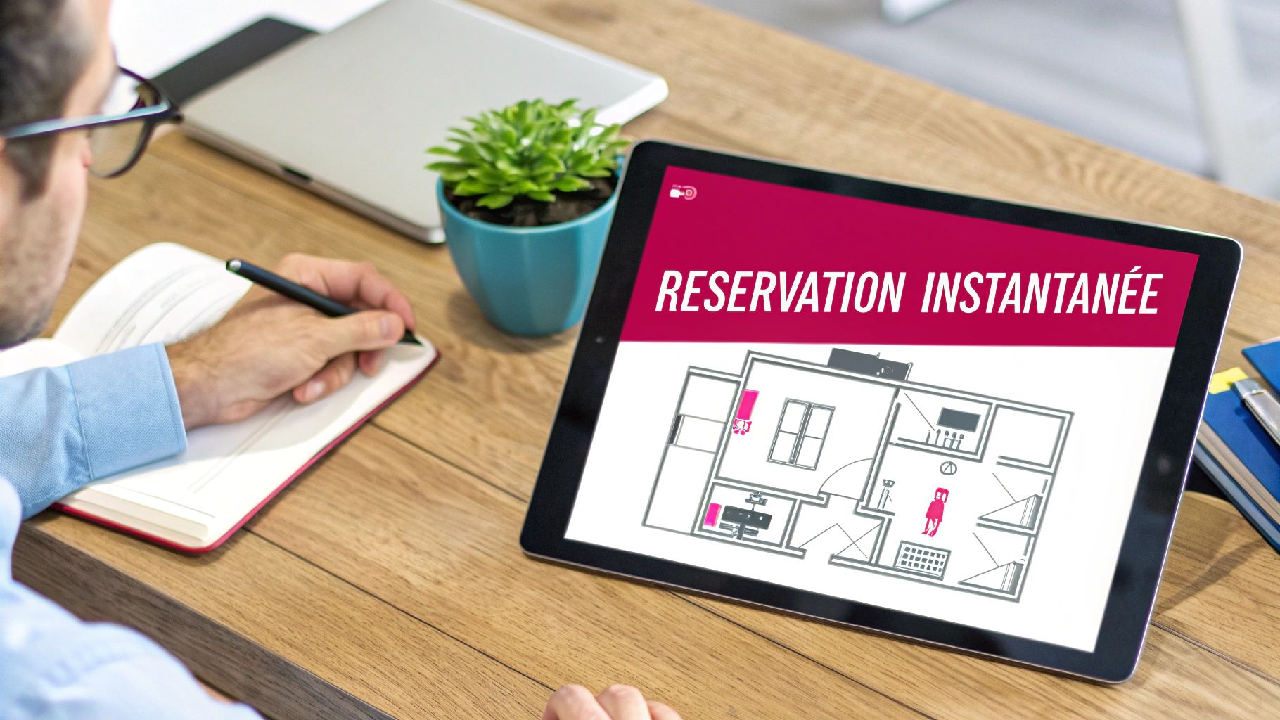 Un homme planifie son travail avec une tablette affichant une application de réservation de bureau flex.