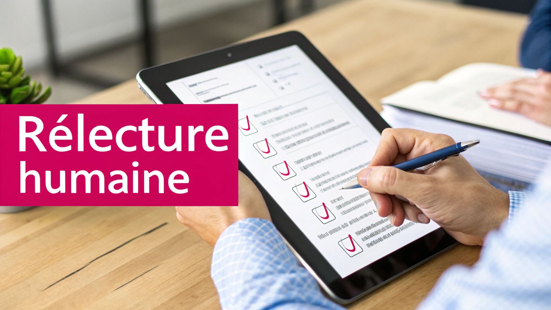 Une personne révise un document numérique sur une tablette, avec le texte « Rélecture humaine ».