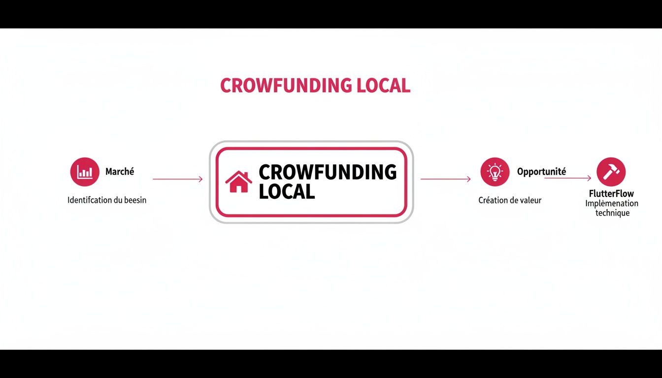 Schéma du processus de création d'une plateforme de crowdfunding local, de l'identification du besoin à l'implémentation technique via FlutterFlow.