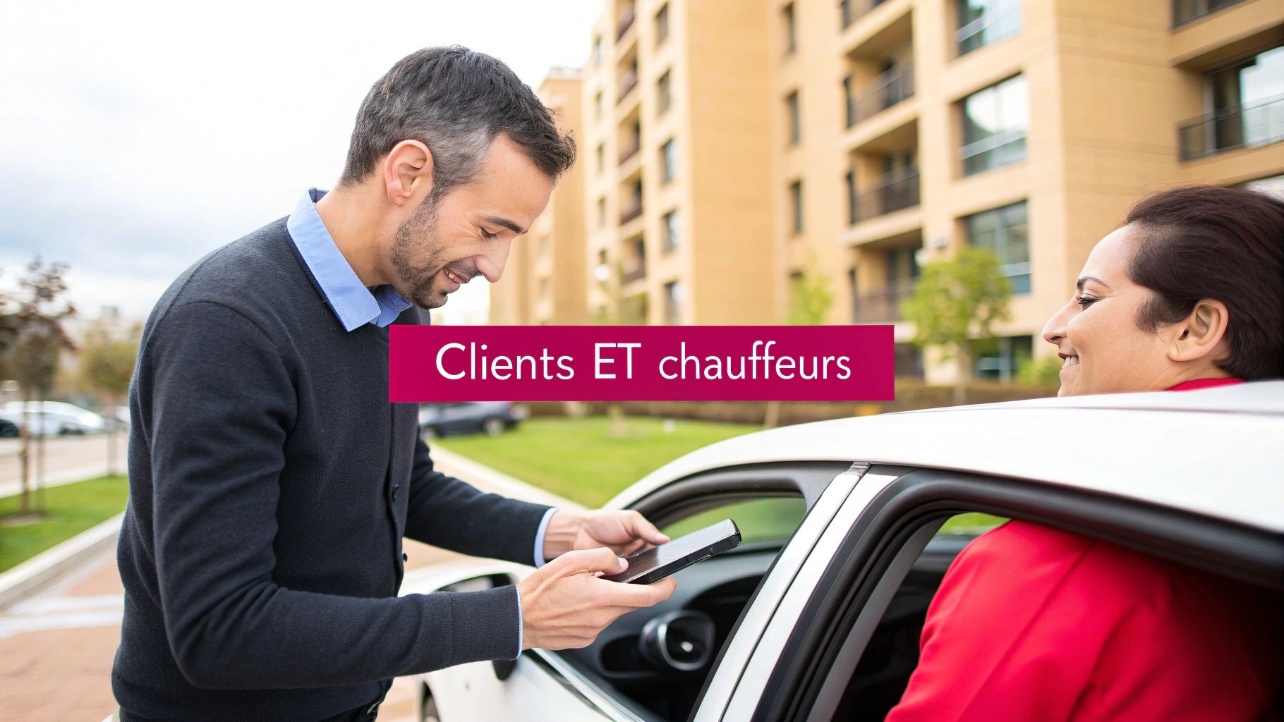 Un chauffeur de VTC ou taxi souriant utilise son smartphone pour une cliente dans une voiture.