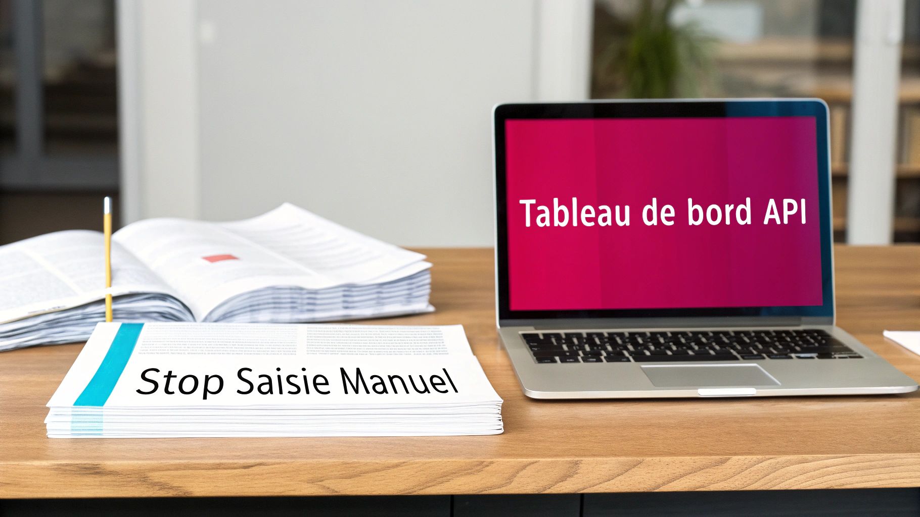Un ordinateur portable affiche "Tableau de bord API" à côté de documents "Stop Saisie Manuel", symbolisant l'automatisation des données.