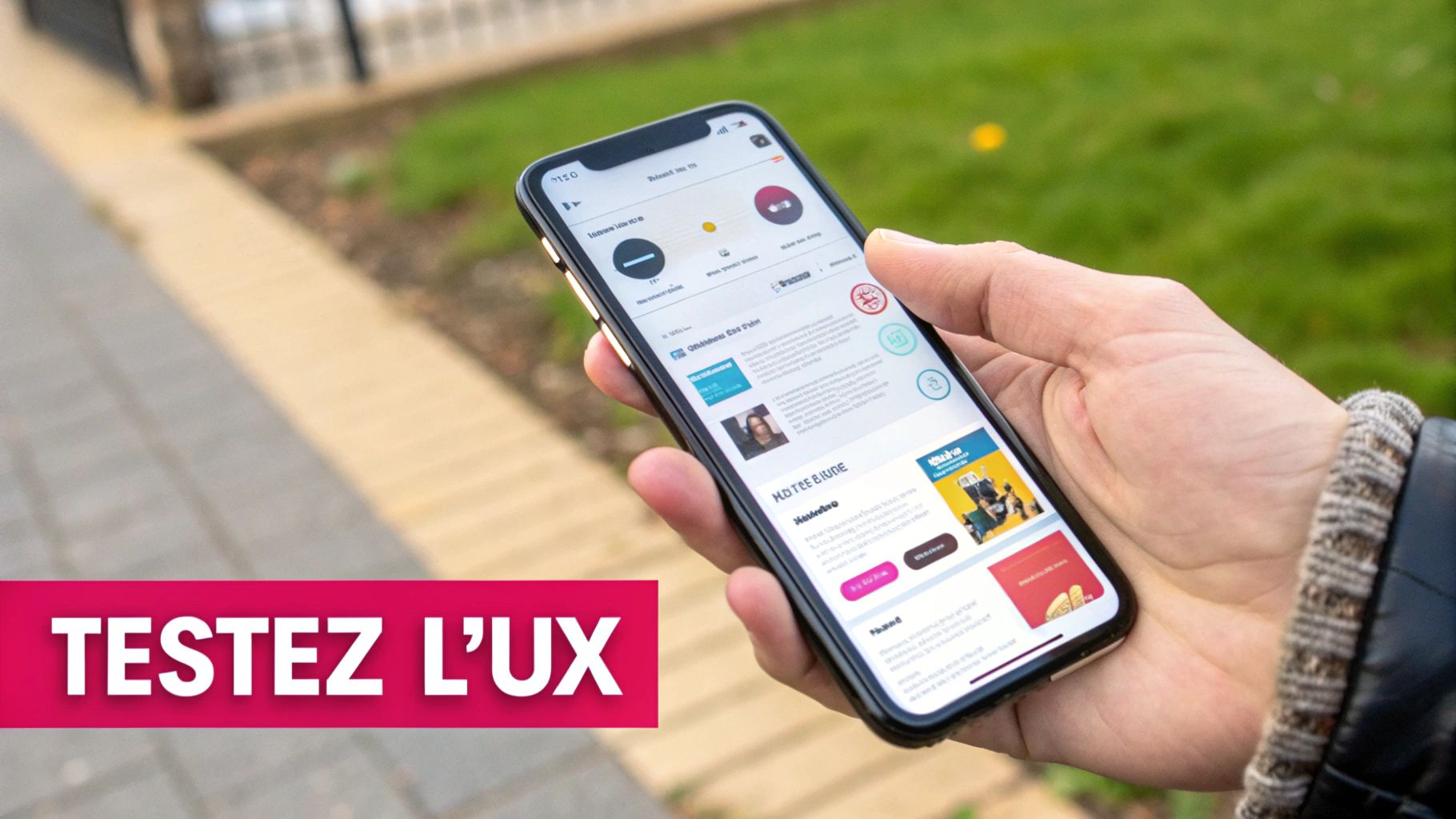 Main tenant un smartphone affichant une application mobile en extérieur, avec le texte 'TESTEZ L'UX' en surimpression.