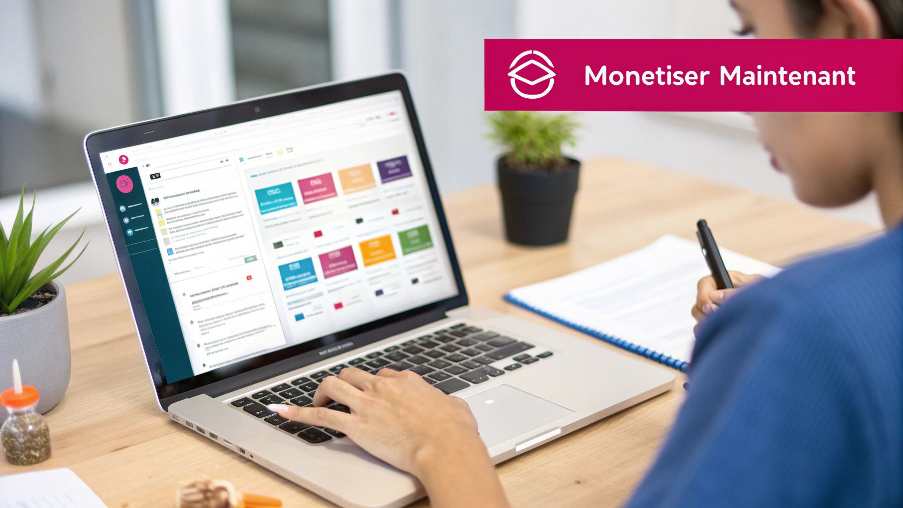 Une personne utilise un ordinateur portable avec une interface logicielle pour "Monétiser Maintenant" et prend des notes.