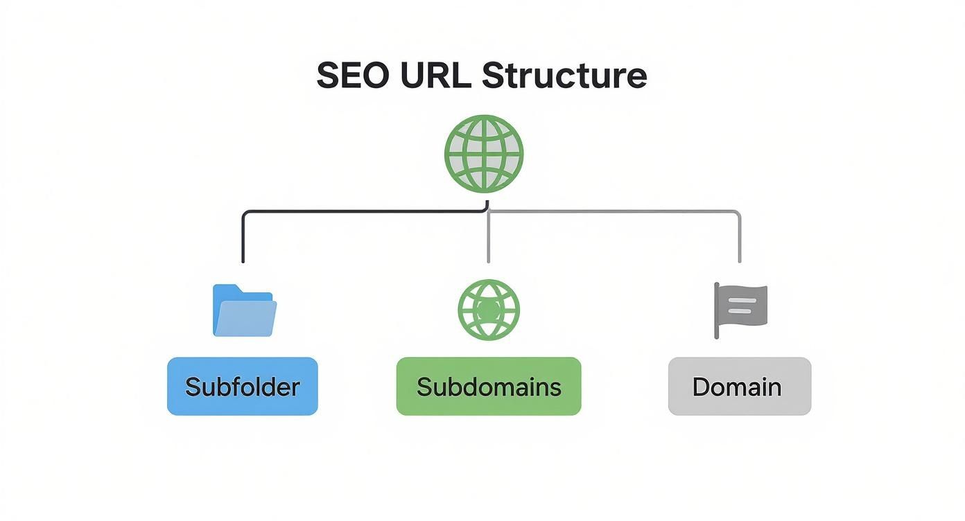 Diagramme expliquant la structure des URL pour le SEO, incluant les sous-dossiers, les sous-domaines et le domaine principal.