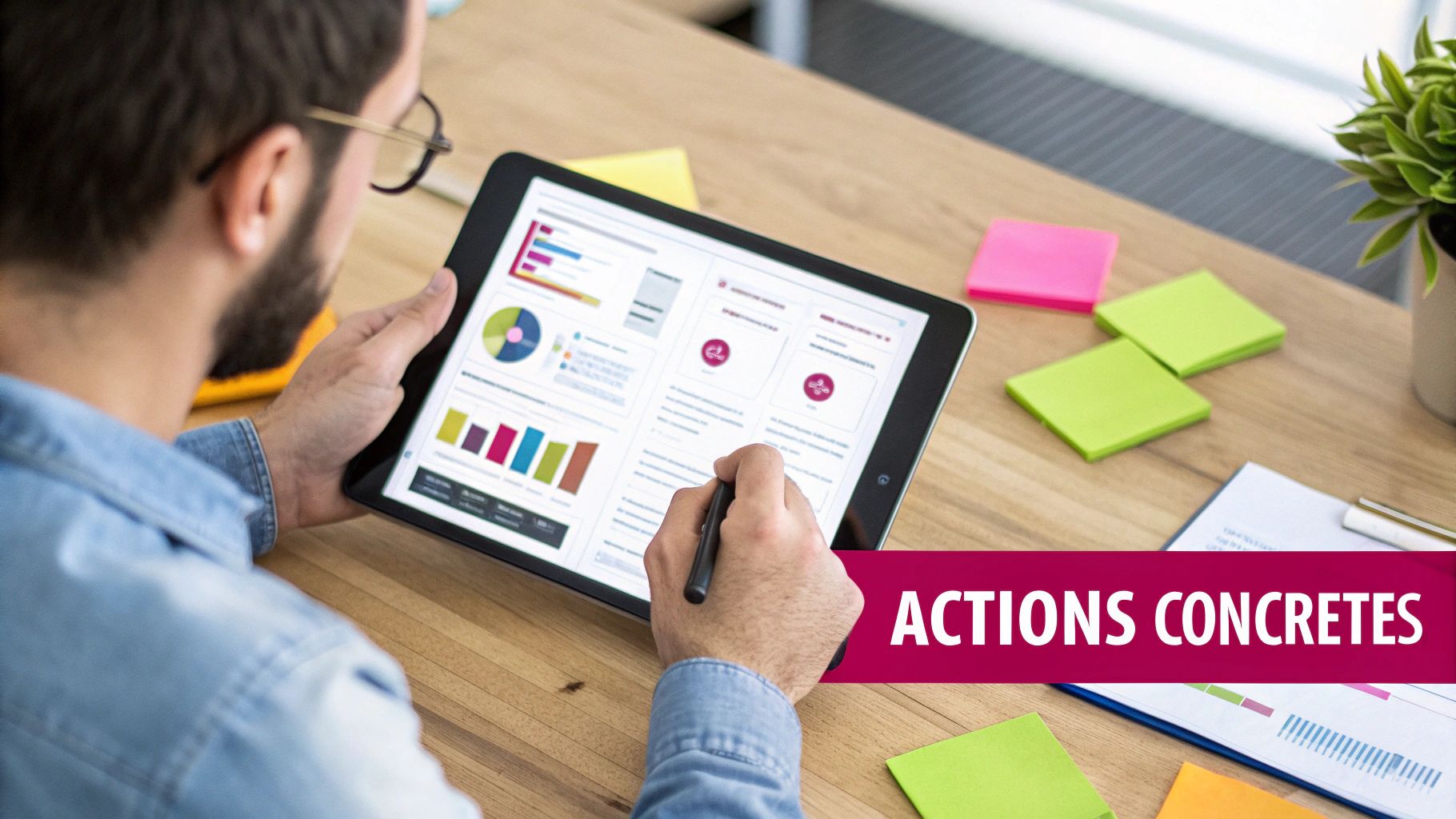 Un homme avec des lunettes utilise une tablette et un stylet, affichant des graphiques et des données, sur un bureau en bois.