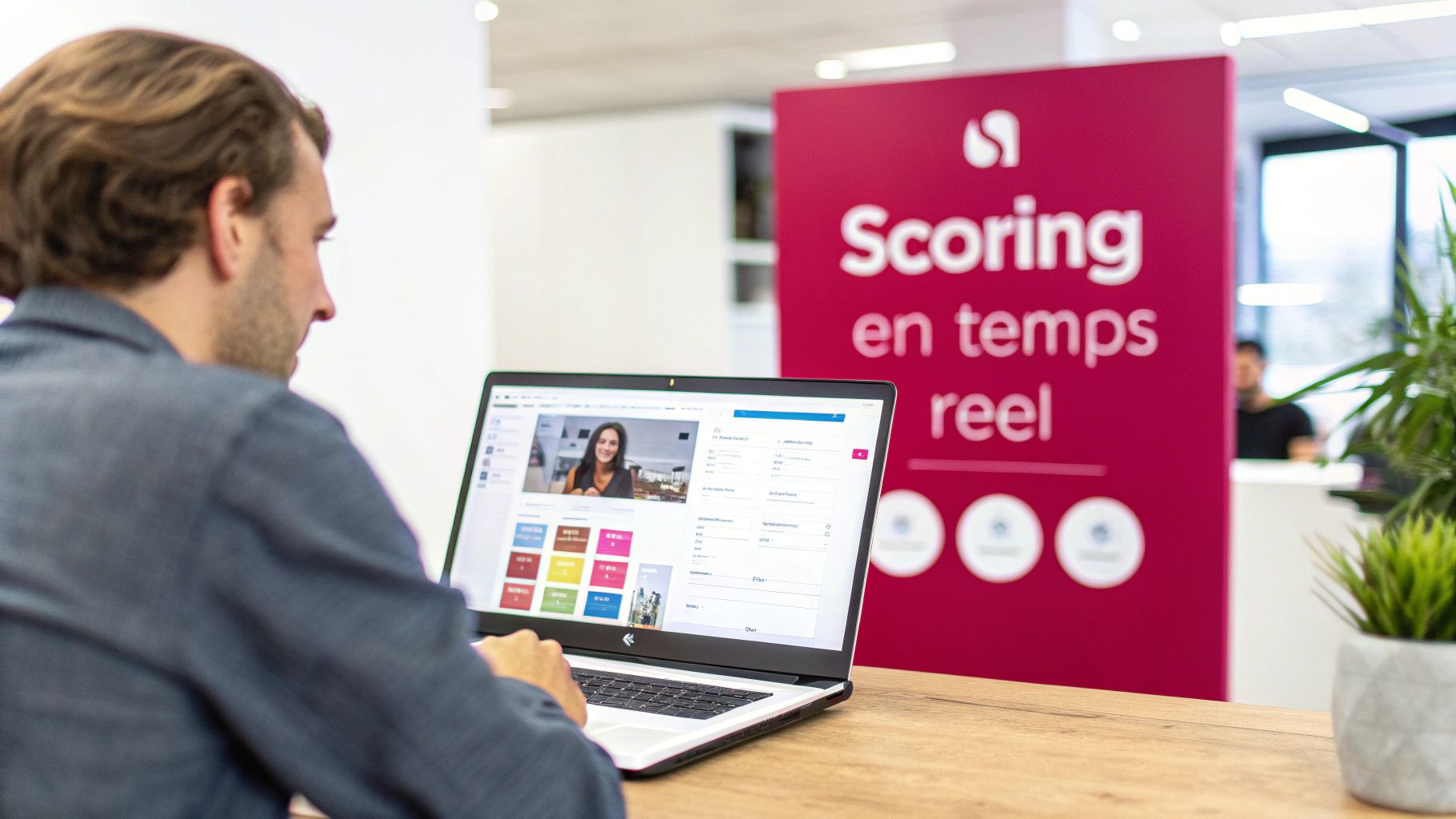 Un homme utilise un ordinateur portable affichant une interface de scoring, avec un panneau « Scoring en temps réel ».