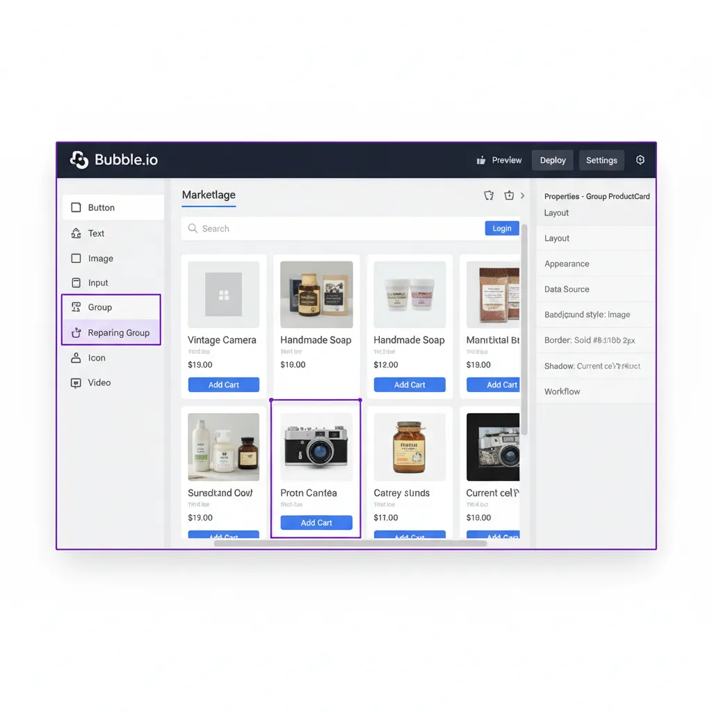 Interface de l éditeur visuel Bubble.io