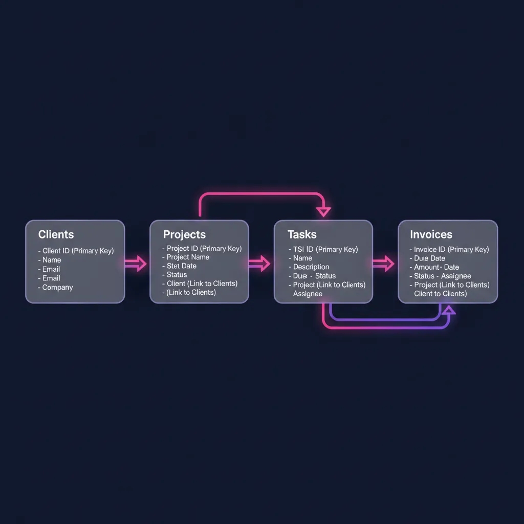 Architecture d'une base Airtable avec tables relationnelles connectées