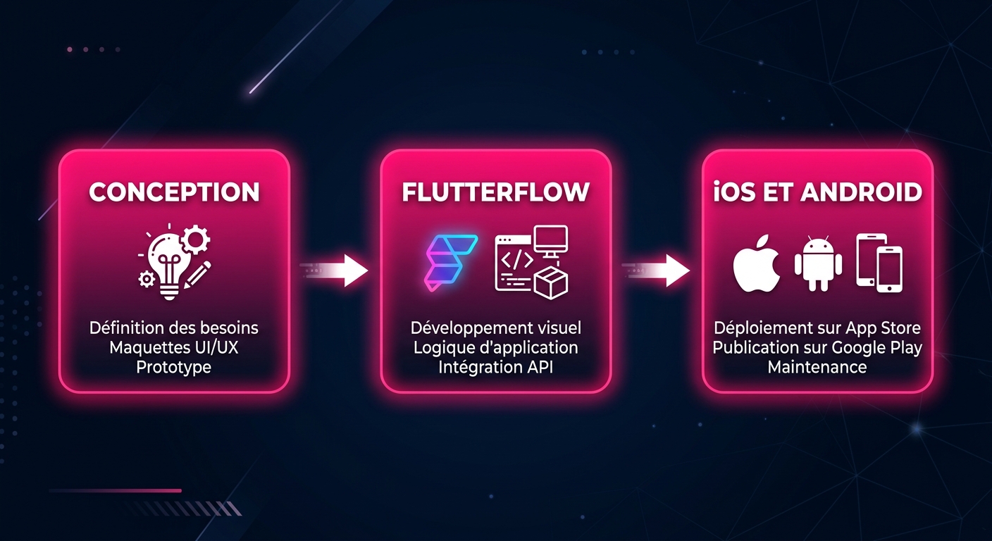 Schéma des trois cas d'usage d'une application mobile d'entreprise avec FlutterFlow : outil interne, application client, MVP