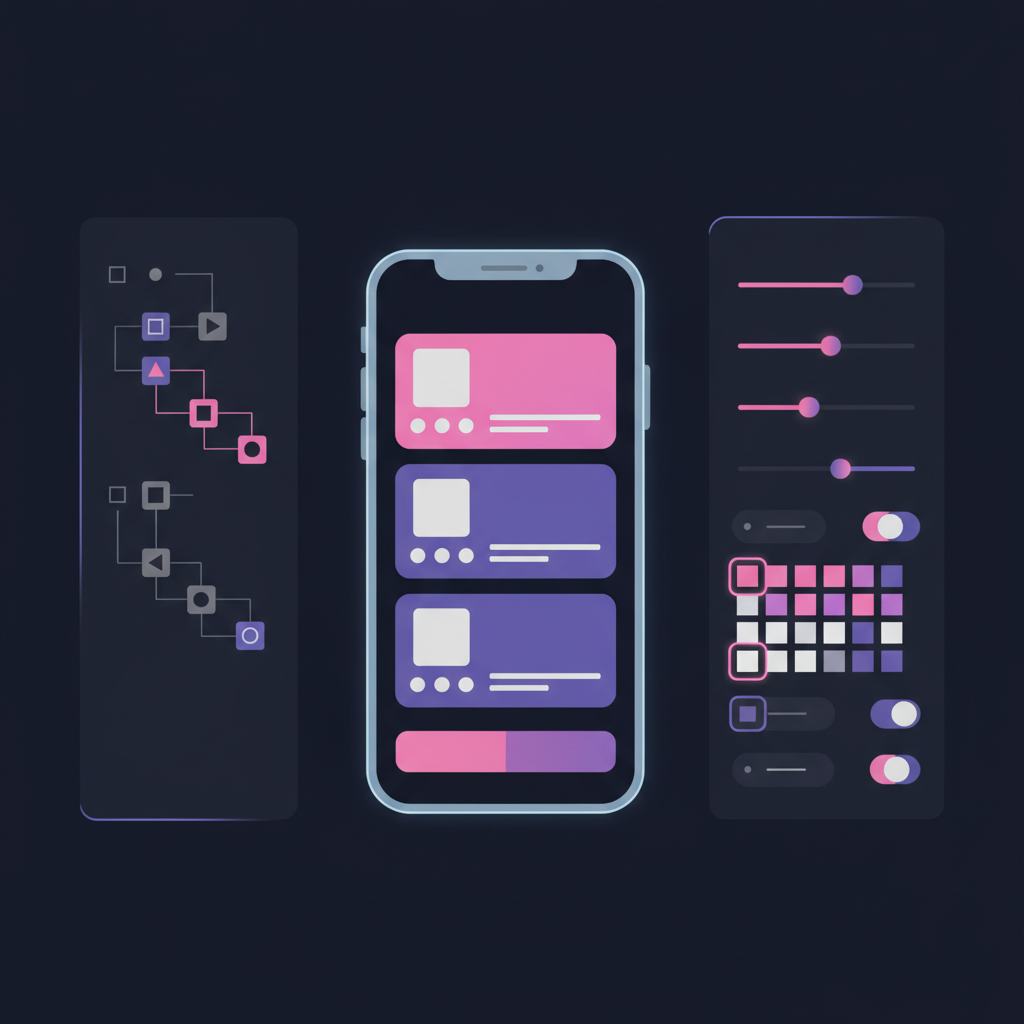Interface FlutterFlow avec canvas central, arbre de widgets et panneau de propriétés