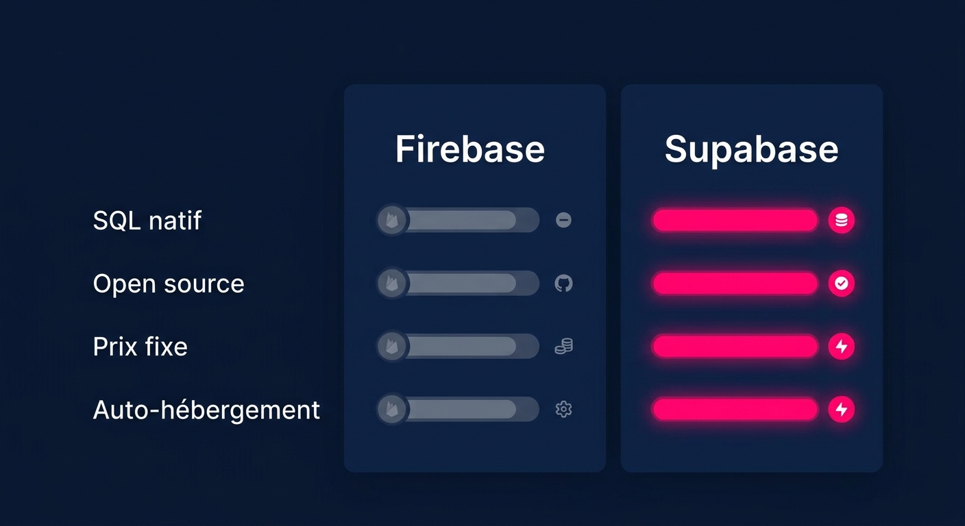 Comparaison FlutterFlow avec Firebase vs Supabase : coût, SQL, open source, temps réel, sécurité