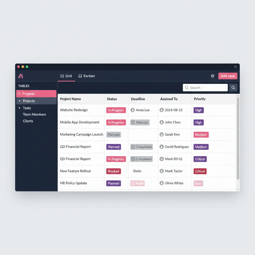 Interface Airtable avec vue grille pour la gestion de projet