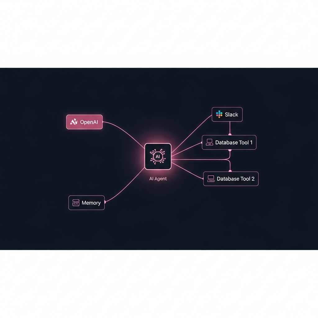 Canvas n8n avec agent IA connecté à OpenAI, mémoire et outils Slack et base de données