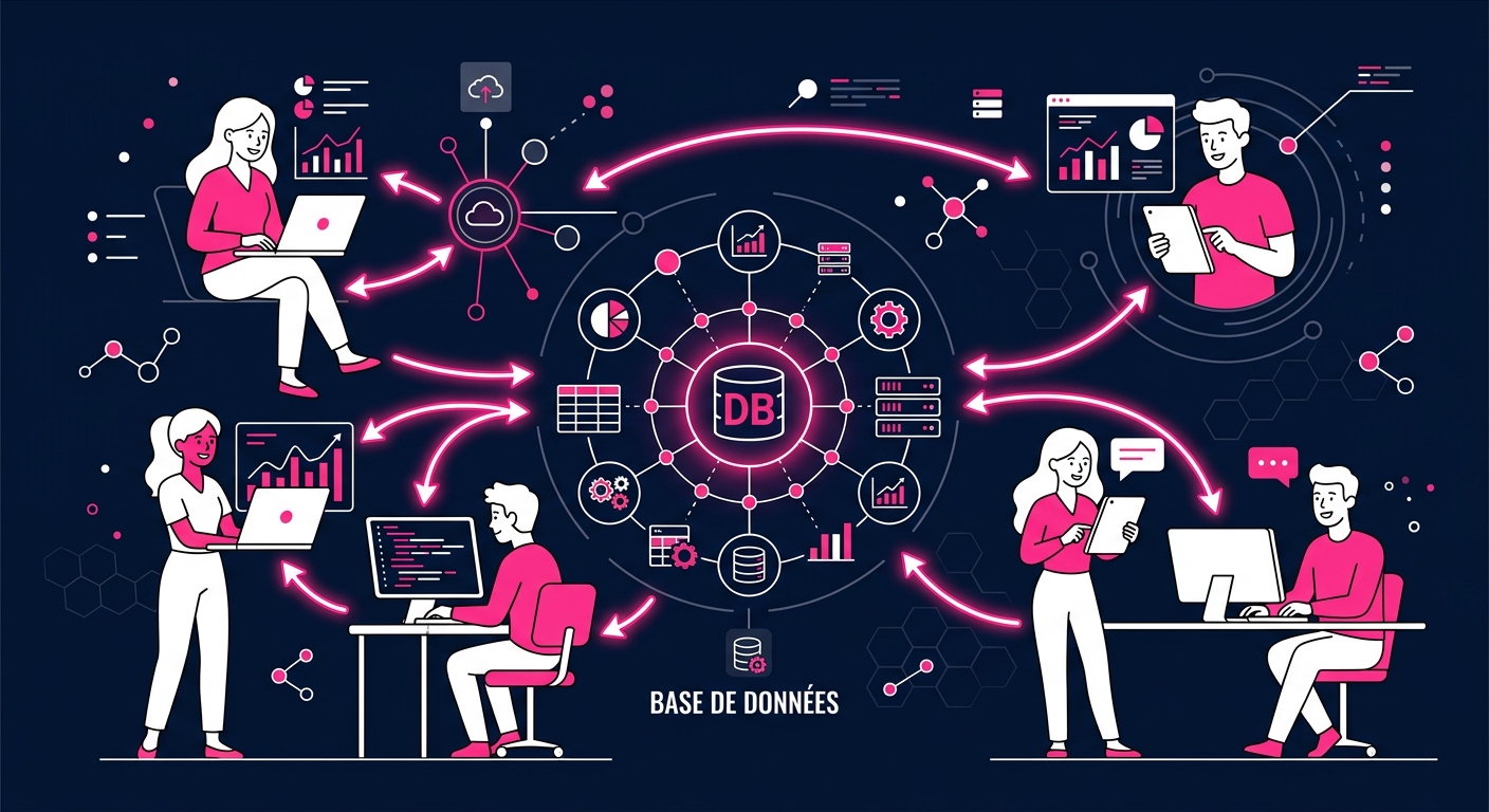 Équipe collaborant sur Airtable en temps réel - infographie