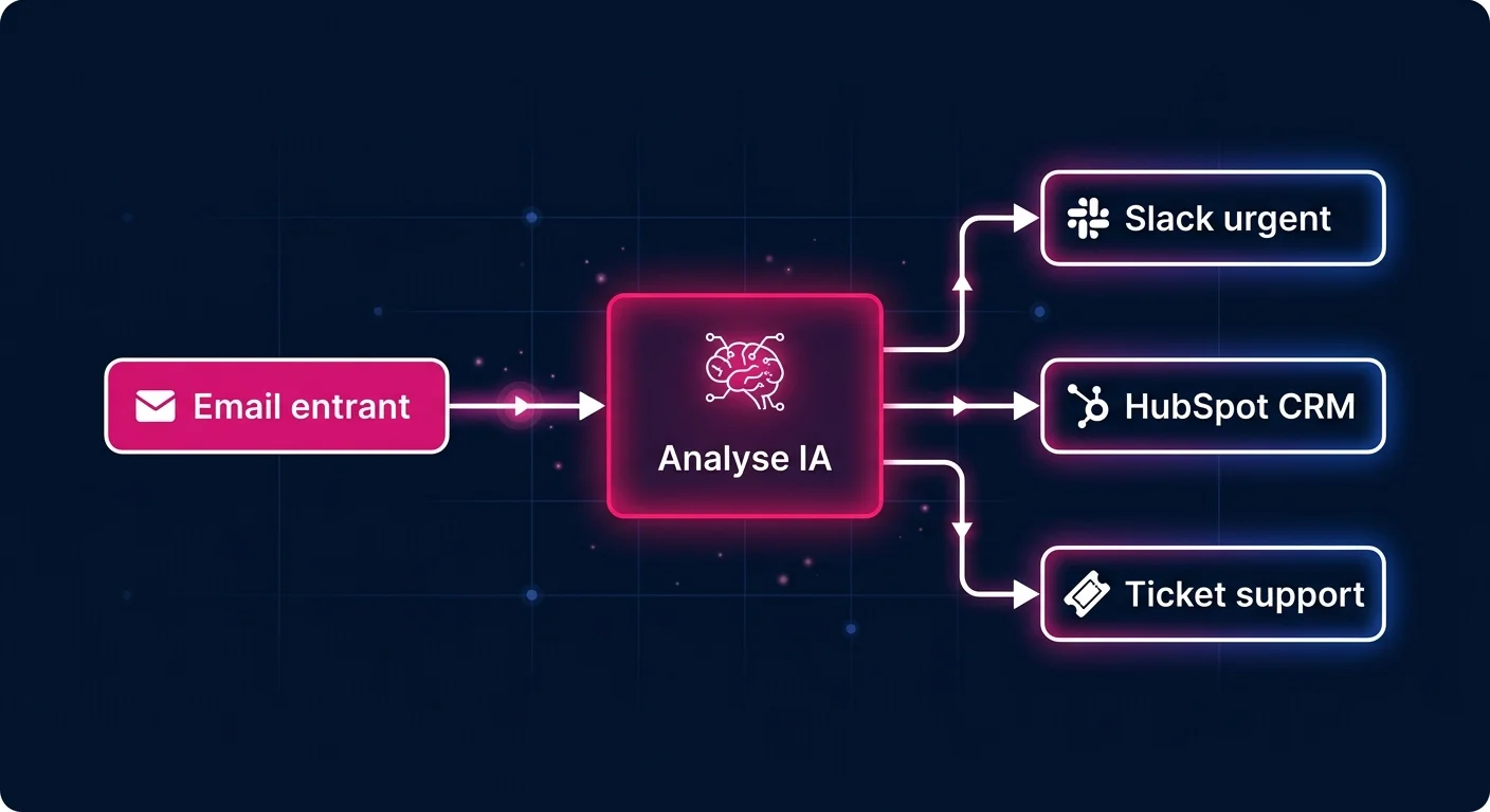 Schéma workflow n8n : formulaire Typeform déclenche mise à jour HubSpot et notification Slack
