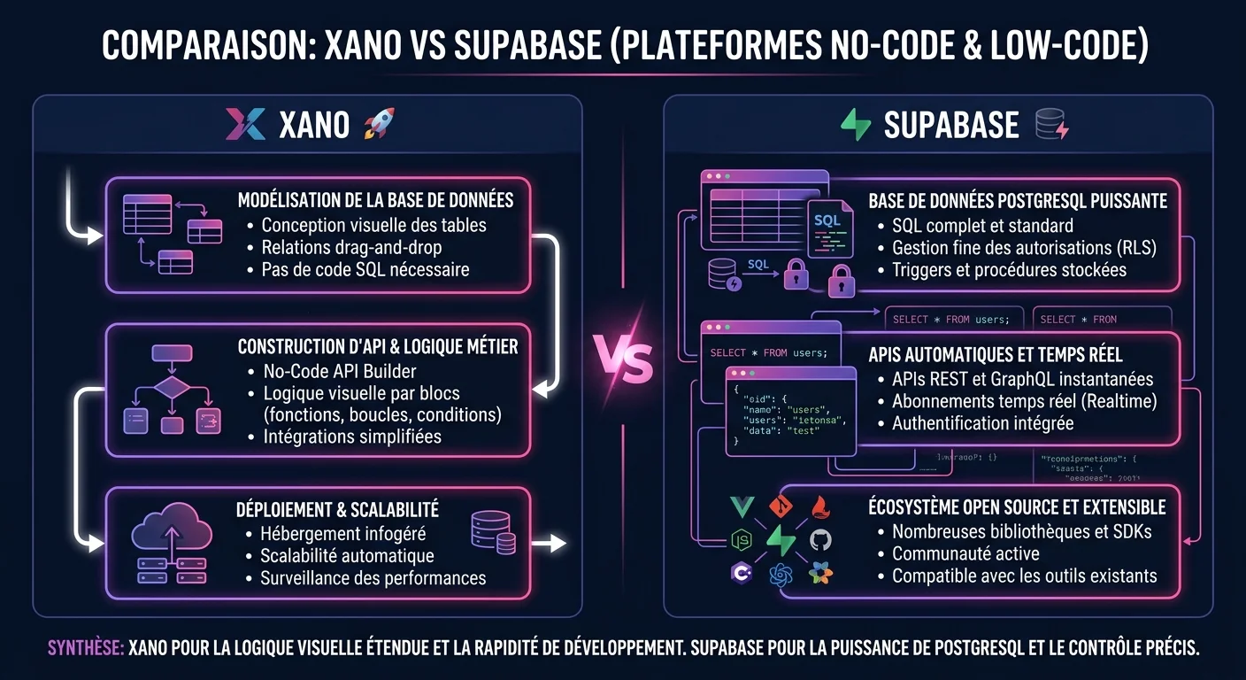 Comparaison architectures Xano et Supabase : API Builder visuel vs accès SQL direct et temps réel