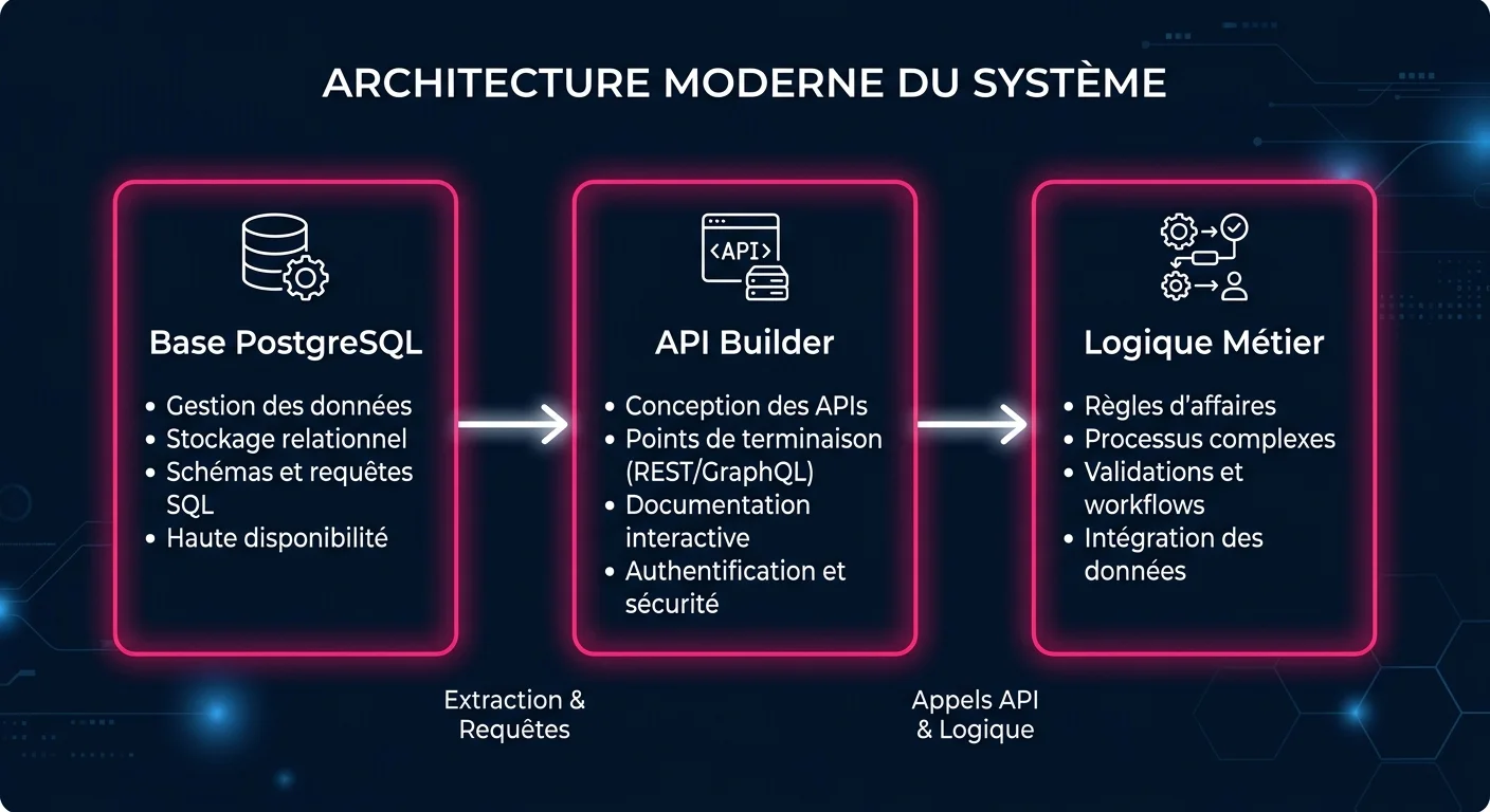 Architecture Xano : base PostgreSQL, API Builder et Visual Logic Builder
